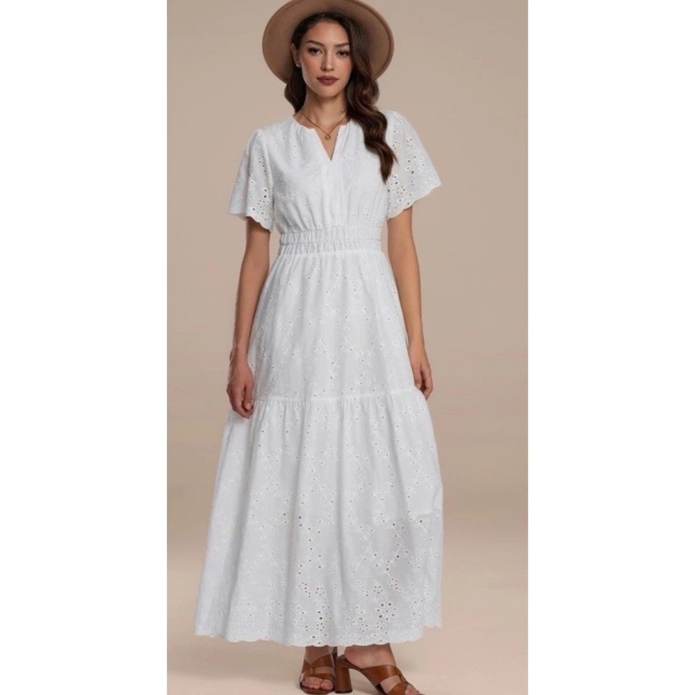 Sam Edelman White Eyelet Tiered Maxi Shirt Dress Womens L 12 Prairie Boho Folk